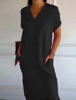 Outlet Women's Midi Dress Cotton Linen Dresses Casual Dress Basic Casual Vacation Daily Regular Fit Solid Color Short Sleeve V Neck Black Green Summer Women Dresses