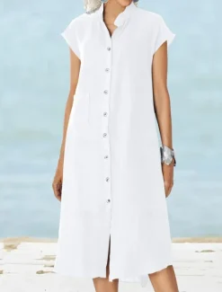 Sale Women's Midi Dress Cotton Linen Dresses Casual Dress Cotton Maxi Dress Basic Casual Vacation Daily Regular Fit Plain Short Sleeve Notched Neck White Navy Blue Summer Women Dresses