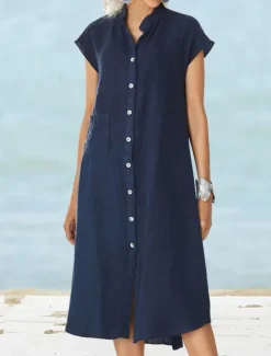 Sale Women's Midi Dress Cotton Linen Dresses Casual Dress Cotton Maxi Dress Basic Casual Vacation Daily Regular Fit Plain Short Sleeve Notched Neck White Navy Blue Summer Women Dresses