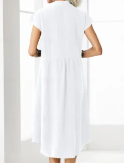 Sale Women's Midi Dress Cotton Linen Dresses Casual Dress Cotton Maxi Dress Basic Casual Vacation Daily Regular Fit Plain Short Sleeve Notched Neck White Navy Blue Summer Women Dresses