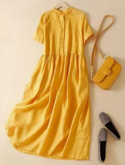 Hot Women's Midi Dress Cotton Linen Dresses Shirt Dress Casual Dress Swing Dress Basic Casual Vacation Daily Regular Fit Plain Short Sleeve Shirt Collar Yellow Pink Summer Women Dresses