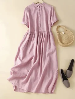Hot Women's Midi Dress Cotton Linen Dresses Shirt Dress Casual Dress Swing Dress Basic Casual Vacation Daily Regular Fit Plain Short Sleeve Shirt Collar Yellow Pink Summer Women Dresses
