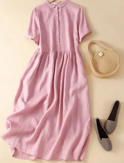 Hot Women's Midi Dress Cotton Linen Dresses Shirt Dress Casual Dress Swing Dress Basic Casual Vacation Daily Regular Fit Plain Short Sleeve Shirt Collar Yellow Pink Summer Women Dresses