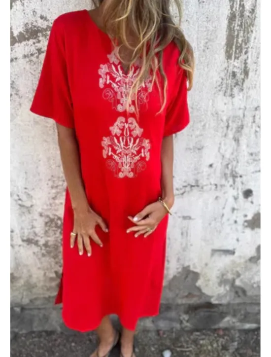 Online Women's Midi Dress Cotton Linen Dress Fashion Basic Daily Going out Beach Regular Fit Flower Short Sleeve V Neck White Yellow Pink Wine Summer Women White Dresses