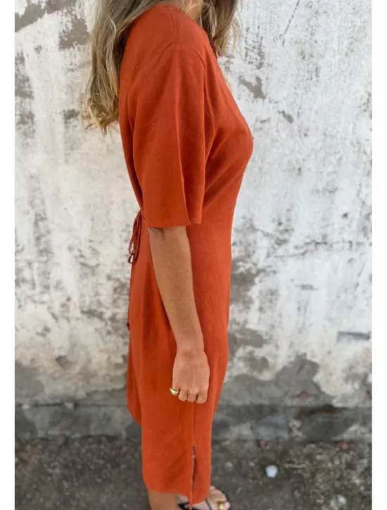 Online Women's Midi Dress Cotton Linen Dress Fashion Basic Daily Going out Beach Regular Fit Flower Short Sleeve V Neck White Yellow Pink Wine Summer Women White Dresses