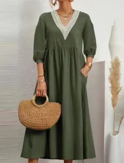 Outlet Women's Midi Dress Cotton Linen Dresses Casual Dress Basic Casual Vacation Daily Regular Fit Plain 3/4 Length Sleeve V Neck Black White Army Green Summer Women Dresses