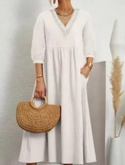 Outlet Women's Midi Dress Cotton Linen Dresses Casual Dress Basic Casual Vacation Daily Regular Fit Plain 3/4 Length Sleeve V Neck Black White Army Green Summer Women Dresses