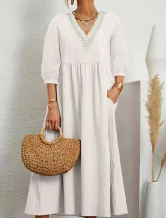 Outlet Women's Midi Dress Cotton Linen Dresses Casual Dress Basic Casual Vacation Daily Regular Fit Plain 3/4 Length Sleeve V Neck Black White Army Green Summer Women Dresses
