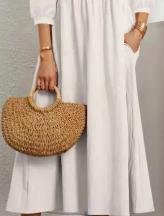 Outlet Women's Midi Dress Cotton Linen Dresses Casual Dress Basic Casual Vacation Daily Regular Fit Plain 3/4 Length Sleeve V Neck Black White Army Green Summer Women Dresses