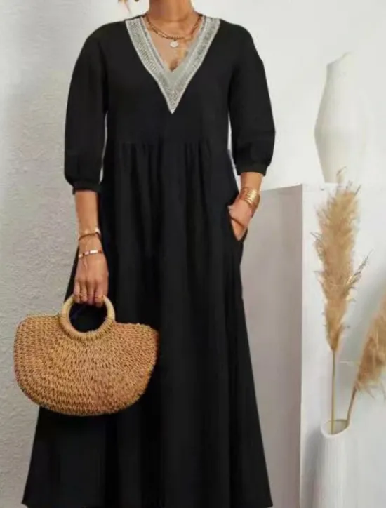 Outlet Women's Midi Dress Cotton Linen Dresses Casual Dress Basic Casual Vacation Daily Regular Fit Plain 3/4 Length Sleeve V Neck Black White Army Green Summer Women Dresses