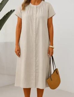 Clearance Women's Midi Dress Cotton Dress Summer Dress Casual Daily Regular Fit Plain Short Sleeve Crew Neck Black Brown Apricot Summer Women Casual Dress