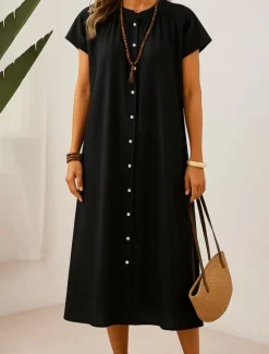Clearance Women's Midi Dress Cotton Dress Summer Dress Casual Daily Regular Fit Plain Short Sleeve Crew Neck Black Brown Apricot Summer Women Casual Dress
