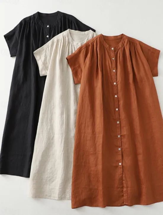 Clearance Women's Midi Dress Cotton Dress Summer Dress Casual Daily Regular Fit Plain Short Sleeve Crew Neck Black Brown Apricot Summer Women Casual Dress