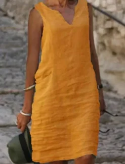 Clearance Women's Midi Dress Cotton Linen Dresses Casual Dress Cotton Linen Dress Shift Dress Basic Casual Vacation Daily Going out Regular Fit Pure Color Sleeveless Split Neck Yellow Pink Blue Green Summer Women Dresses
