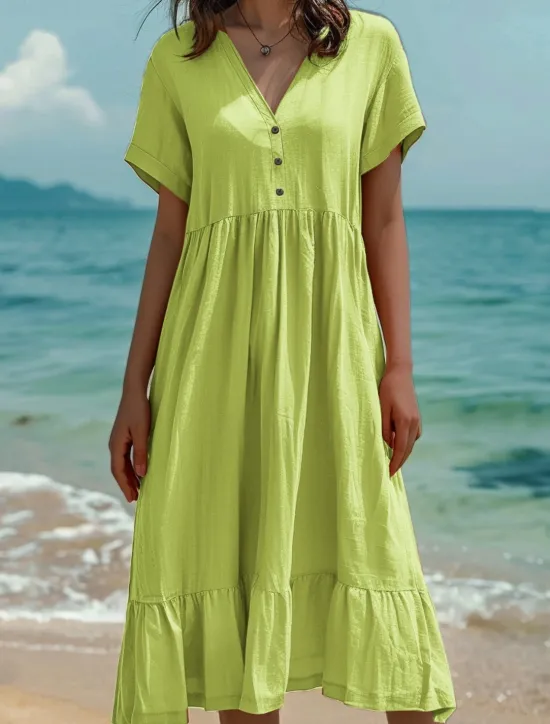 Hot Women's Midi Dress Cotton Linen Dresses Summer Dress Fashion Casual Daily Regular Fit Solid Color Short Sleeve V Neck Light Green Dark Green Orange Dark Grey Summer Women Dresses