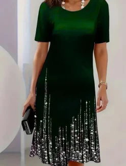 New Women's Midi Dress Elegant Party Evening Crew Neck Short Sleeve T Shirt Dress Tee Dress Shift Dress Casual Formal Daily Regular Fit Floral Abstract Short Sleeve Crew Neck Black Blue Green Spring Women T Shirt Dresses