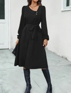 Online Women's Midi Dress Elegant Dark Green Long Sleeve Belted V-Neck Button Detail Work Casual A-line Flowy Versatile Autumn Spring Clothing Apparel Women Work Dresses