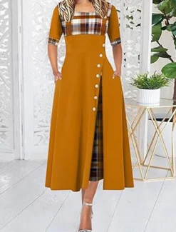Discount Women's Midi Dress Elegant Dress Elegant Stylish Vacation Party Regular Fit Plaid Short Sleeve Crew Neck Black Yellow Wine Purple Summer Spring Women Work Dresses