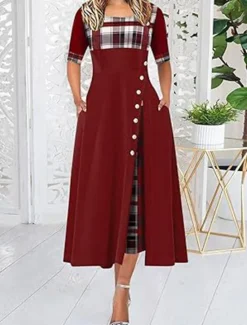 Discount Women's Midi Dress Elegant Dress Elegant Stylish Vacation Party Regular Fit Plaid Short Sleeve Crew Neck Black Yellow Wine Purple Summer Spring Women Work Dresses