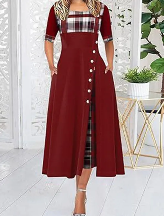 Discount Women's Midi Dress Elegant Dress Elegant Stylish Vacation Party Regular Fit Plaid Short Sleeve Crew Neck Black Yellow Wine Purple Summer Spring Women Work Dresses