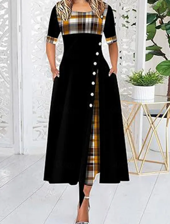 Discount Women's Midi Dress Elegant Dress Elegant Stylish Vacation Party Regular Fit Plaid Short Sleeve Crew Neck Black Yellow Wine Purple Summer Spring Women Work Dresses