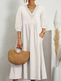 New Women's Midi Dress Elegant Vintage Stylish Lantern Sleeve Vacation Daily Regular Fit Plain 3/4 Length Sleeve V Neck Black White Summer Spring Fall Women T Shirt Dresses
