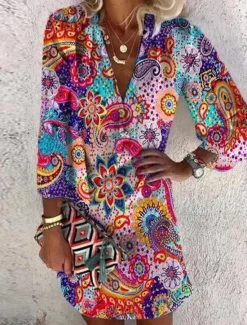 Best Women's Midi Dress Ethnic Dress Long Sleeve Boho Dress Boho Dress Print Dress Bohemia Active Fashion Outdoor Daily Holiday Loose Fit Paisley V Neck Red Green Summer Spring Women Floral Dresses|Spring Dresses