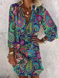 Best Women's Midi Dress Ethnic Dress Long Sleeve Boho Dress Boho Dress Print Dress Bohemia Active Fashion Outdoor Daily Holiday Loose Fit Paisley V Neck Red Green Summer Spring Women Floral Dresses|Spring Dresses