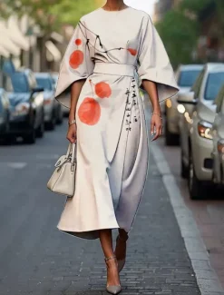 Outlet Women's Midi Dress Floral Dress Print Dress Classic Modern Vacation Daily Holiday Regular Fit Flower Half Sleeve Crew Neck White Yellow Pink Summer Women Floral Dresses
