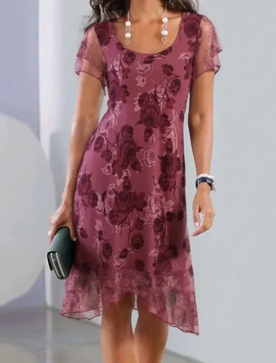 Clearance Women's Midi Dress Floral Dress Print Dress Classic Modern Outdoor Vacation Holiday Regular Fit Flower Short Sleeve Crew Neck Red Blue Green Summer Women Floral Dresses