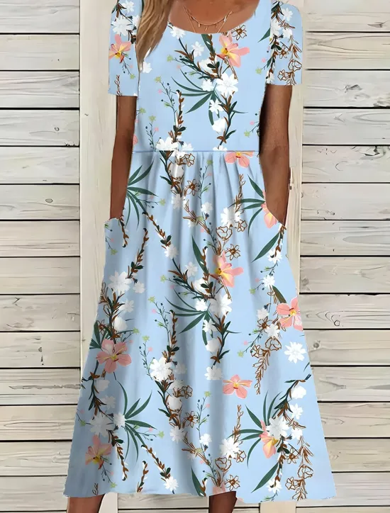 Best Women's Midi Dress Floral Pocket Print Crew Neck Daily Date Short Sleeve Summer Spring Women Casual Dress