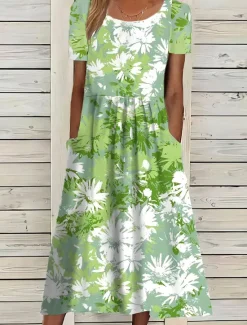 Best Women's Midi Dress Floral Pocket Print Crew Neck Daily Date Short Sleeve Summer Spring Women Casual Dress