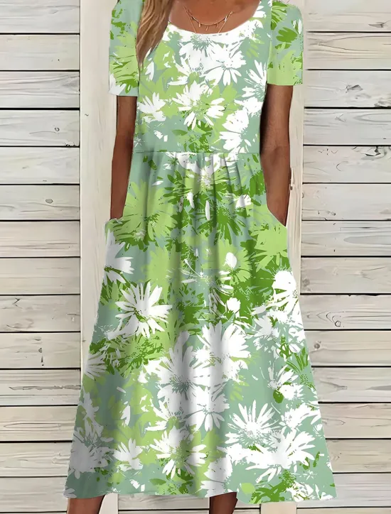 Best Women's Midi Dress Floral Pocket Print Crew Neck Daily Date Short Sleeve Summer Spring Women Casual Dress