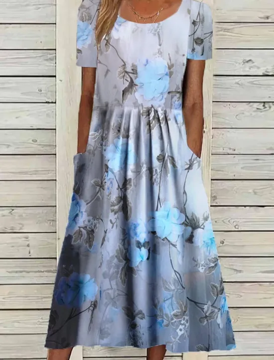 Best Women's Midi Dress Floral Pocket Print Crew Neck Daily Date Short Sleeve Summer Spring Women Casual Dress