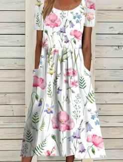 Best Women's Midi Dress Floral Pocket Print Crew Neck Daily Date Short Sleeve Summer Spring Women Casual Dress