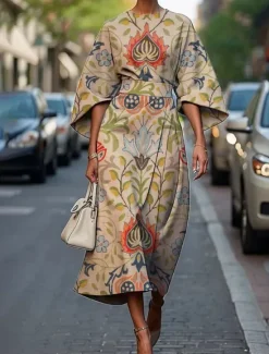 New Women's Midi Dress Floral Dress Fashion Classic Modern Vacation Daily Holiday Regular Fit Flower Half Sleeve Crew Neck Black Light Green Blue Emerald Green Summer Women Floral Dresses