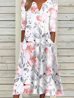 Online Women's Midi Dress Floral Ruched Pocket V Neck Daily Vacation 3/4 Length Sleeve Summer Spring Women Casual Dress