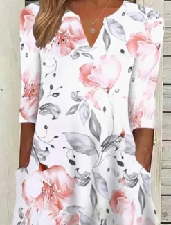 Online Women's Midi Dress Floral Ruched Pocket V Neck Daily Vacation 3/4 Length Sleeve Summer Spring Women Casual Dress
