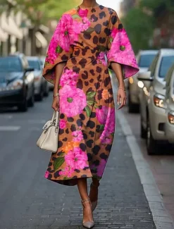 Hot Women's Midi Dress Floral Dress Print Dress Elegant Fashion Outdoor Vacation Daily Regular Fit Flower Half Sleeve Crew Neck Black Pink Blue Purple Summer Women Floral Dresses
