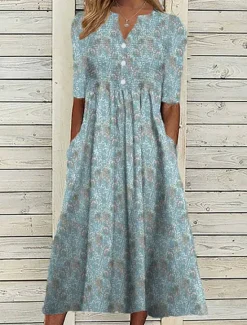 Online Women's Midi Dress Floral Graphic Ruched Button V Neck Daily Vacation Short Sleeve Summer Spring Women Spring Dresses|Casual Dress