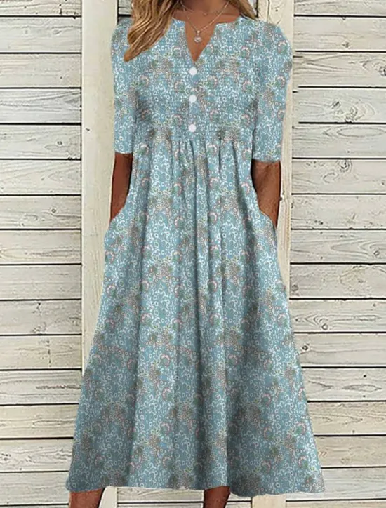Online Women's Midi Dress Floral Graphic Ruched Button V Neck Daily Vacation Short Sleeve Summer Spring Women Spring Dresses|Casual Dress