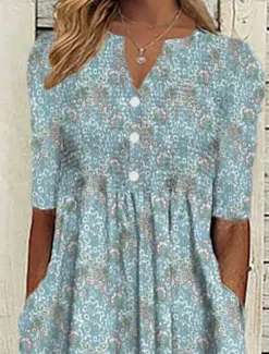 Online Women's Midi Dress Floral Graphic Ruched Button V Neck Daily Vacation Short Sleeve Summer Spring Women Spring Dresses|Casual Dress