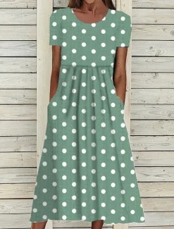 Best Women's Midi Dress Floral Polka Dot Pocket Print Crew Neck aily Date Short Sleeve Summer Spring Women Casual Dress