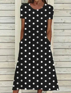 Best Women's Midi Dress Floral Polka Dot Pocket Print Crew Neck aily Date Short Sleeve Summer Spring Women Casual Dress