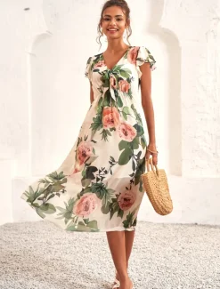 Women's Midi Dress Floral V-Neck A-Line Flutter Sleeve Rose Pattern Lightweight Summer Garden Party Wedding Guest Brunch Flowy Feminine White Pink Green Women Chiffon Dresses