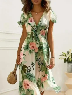 Women's Midi Dress Floral V-Neck A-Line Flutter Sleeve Rose Pattern Lightweight Summer Garden Party Wedding Guest Brunch Flowy Feminine White Pink Green Women Chiffon Dresses