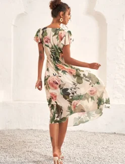 Women's Midi Dress Floral V-Neck A-Line Flutter Sleeve Rose Pattern Lightweight Summer Garden Party Wedding Guest Brunch Flowy Feminine White Pink Green Women Chiffon Dresses
