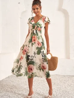Women's Midi Dress Floral V-Neck A-Line Flutter Sleeve Rose Pattern Lightweight Summer Garden Party Wedding Guest Brunch Flowy Feminine White Pink Green Women Chiffon Dresses