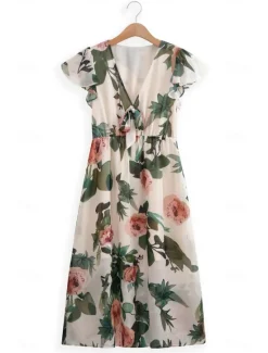 Women's Midi Dress Floral V-Neck A-Line Flutter Sleeve Rose Pattern Lightweight Summer Garden Party Wedding Guest Brunch Flowy Feminine White Pink Green Women Chiffon Dresses