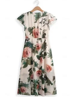 Women's Midi Dress Floral V-Neck A-Line Flutter Sleeve Rose Pattern Lightweight Summer Garden Party Wedding Guest Brunch Flowy Feminine White Pink Green Women Chiffon Dresses